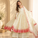 Elegant Ivory Floral Embroidered Anarkali Kurta Set with Palazzo and Dupatta