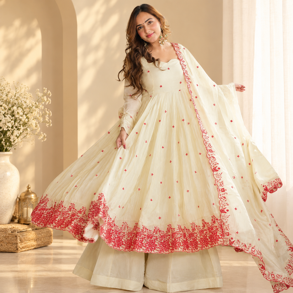 Elegant Ivory Floral Embroidered Anarkali Kurta Set with Palazzo and Dupatta