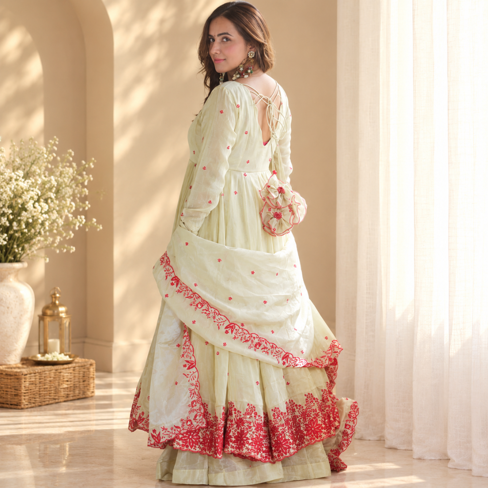 Elegant Ivory Floral Embroidered Anarkali Kurta Set with Palazzo and Dupatta