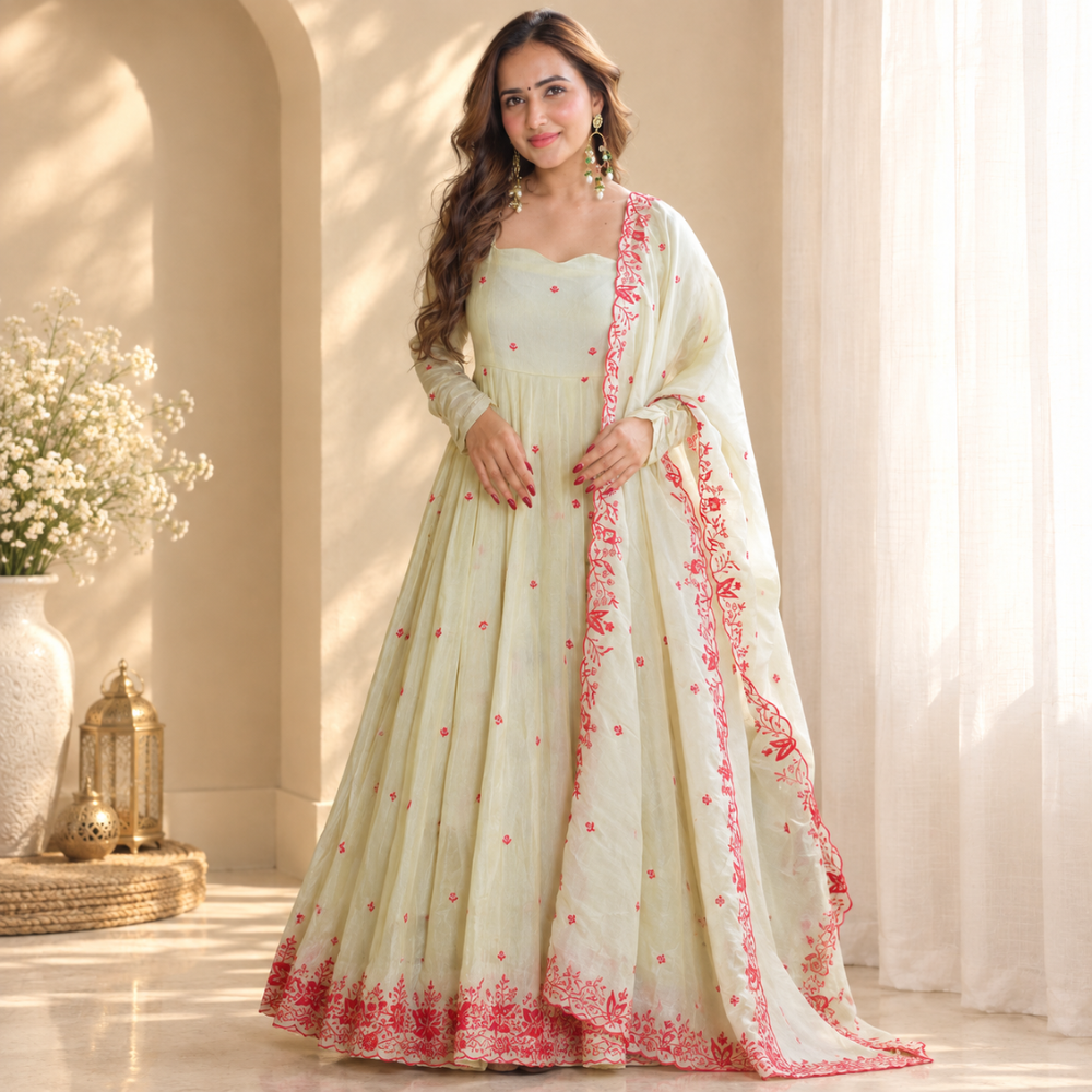 Elegant Ivory Floral Embroidered Anarkali Kurta Set with Palazzo and Dupatta
