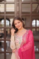 Cream Embroidered Anarkali Gown with Pink Bandhani Dupatta