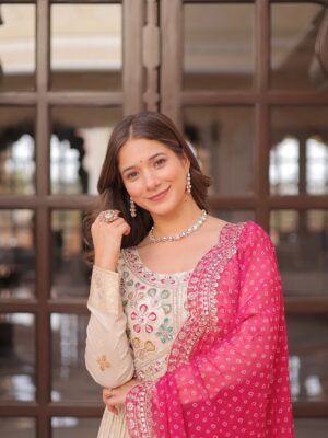 Cream Embroidered Anarkali Gown with Pink Bandhani Dupatta