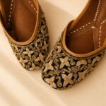 Black Leather Juttis with Antique Gold Floral Embroidery & Beaded Paisley Work