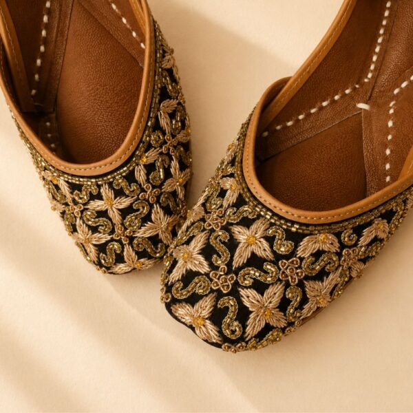 Black Leather Juttis with Antique Gold Floral Embroidery & Beaded Paisley Work