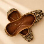 Black Leather Juttis with Antique Gold Floral Embroidery & Beaded Paisley Work