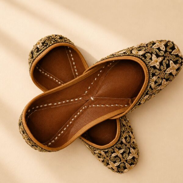 Black Leather Juttis with Antique Gold Floral Embroidery & Beaded Paisley Work