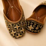 Black Leather Juttis with Antique Gold Floral Embroidery & Beaded Paisley Work