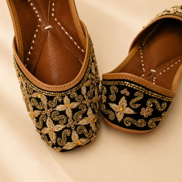 Black Leather Juttis with Antique Gold Floral Embroidery & Beaded Paisley Work