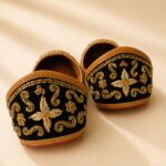Black Leather Juttis with Antique Gold Floral Embroidery & Beaded Paisley Work