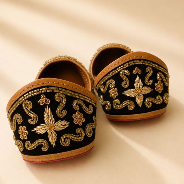Black Leather Juttis with Antique Gold Floral Embroidery & Beaded Paisley Work