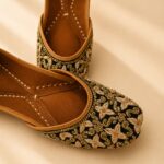 Black Leather Juttis with Antique Gold Floral Embroidery & Beaded Paisley Work