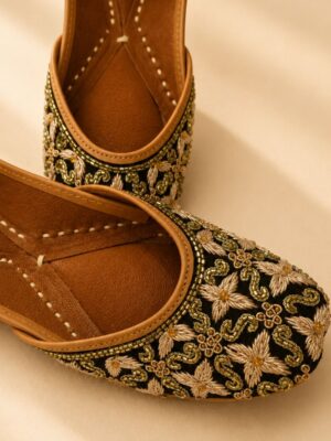 Black Leather Juttis with Antique Gold Floral Embroidery & Beaded Paisley Work