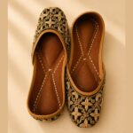 Black Leather Juttis with Antique Gold Floral Embroidery & Beaded Paisley Work