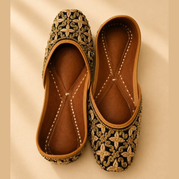 Black Leather Juttis with Antique Gold Floral Embroidery & Beaded Paisley Work