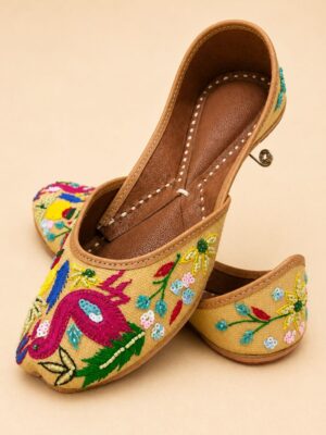 Beige Leather Juttis with Peacock Bird Embroidery & Sequin Floral Work