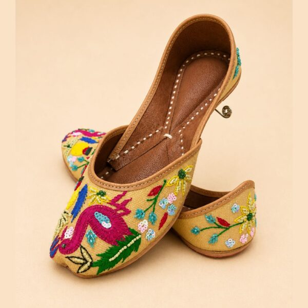 Beige Leather Juttis with Peacock Bird Embroidery & Sequin Floral Work