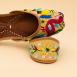 Beige Leather Juttis with Peacock Bird Embroidery & Sequin Floral Work