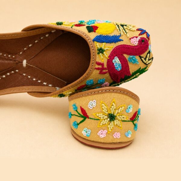 Beige Leather Juttis with Peacock Bird Embroidery & Sequin Floral Work