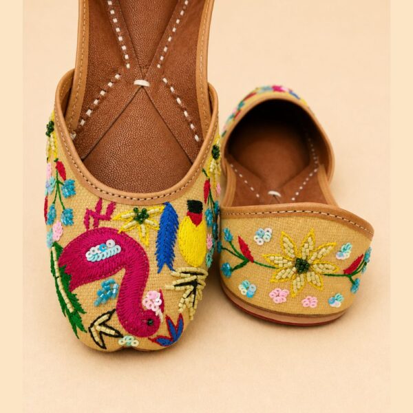 Beige Leather Juttis with Peacock Bird Embroidery & Sequin Floral Work
