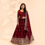 Wine Maroon Fandy Satin Anarkali Gown with Zari, Sequin & Embroidery Work