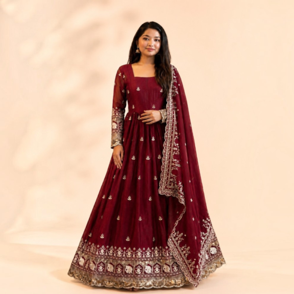 Wine Maroon Fandy Satin Anarkali Gown with Zari, Sequin & Embroidery Work
