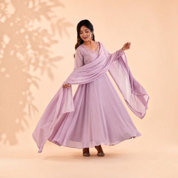 New Party Wear Fox Georgette Anarkali Gown with Dupatta and Crepe Pant