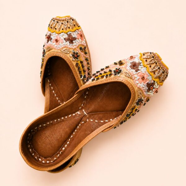 Peach Leather Juttis with Floral Embroidery, Sequin & Beadwork