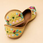 Beige Leather Juttis with Peacock Bird Embroidery & Sequin Floral Work