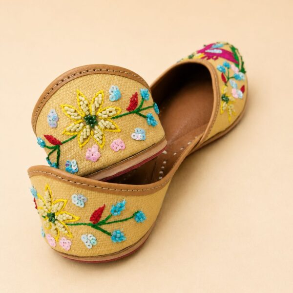 Beige Leather Juttis with Peacock Bird Embroidery & Sequin Floral Work