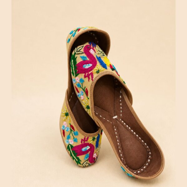 Beige Leather Juttis with Peacock Bird Embroidery & Sequin Floral Work
