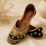 Black Leather Juttis with Gold Floral Embroidery, Pearl and Sequin Work