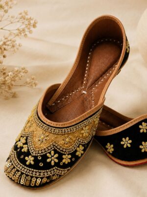 Black Leather Juttis with Gold Floral Embroidery, Pearl and Sequin Work