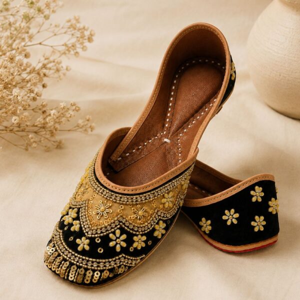 Black Leather Juttis with Gold Floral Embroidery, Pearl and Sequin Work