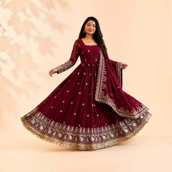 Wine Maroon Fandy Satin Anarkali Gown with Zari, Sequin & Embroidery Work