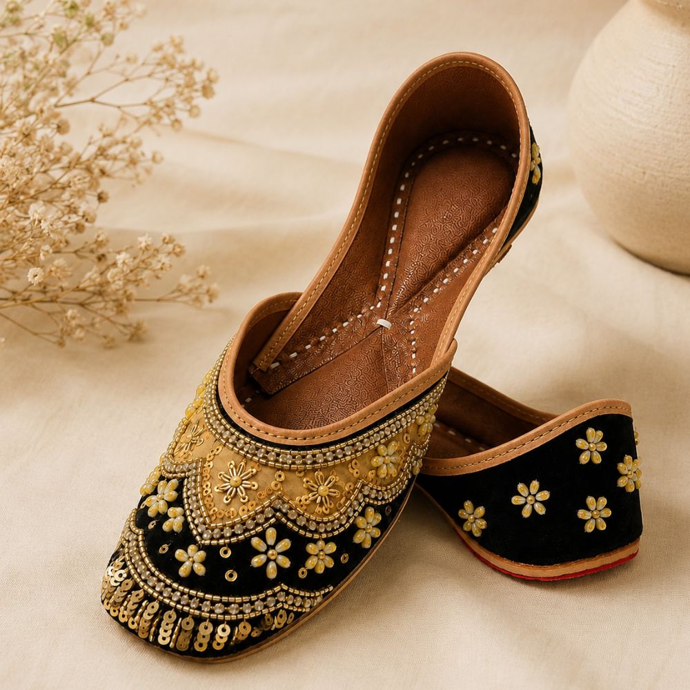 Black Leather Juttis with Gold Floral Embroidery, Pearl and Sequin Work