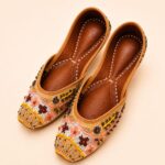 Peach Leather Juttis with Floral Embroidery, Sequin & Beadwork