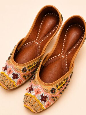 Peach Leather Juttis with Floral Embroidery, Sequin & Beadwork