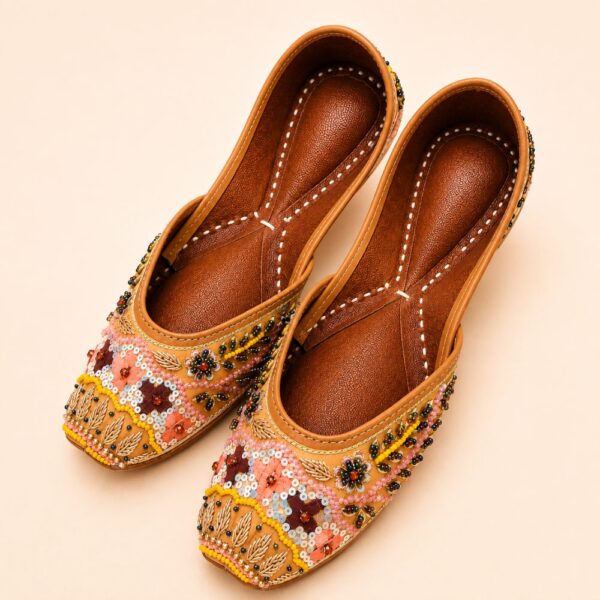 Peach Leather Juttis with Floral Embroidery, Sequin & Beadwork