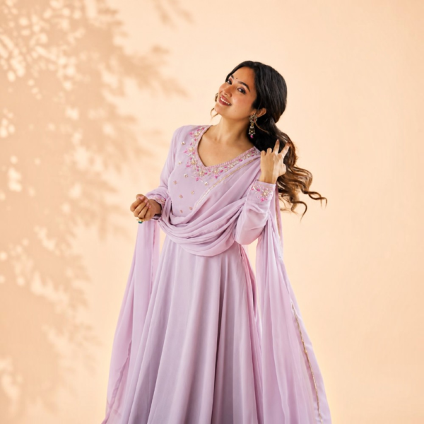New Party Wear Fox Georgette Anarkali Gown with Dupatta and Crepe Pant