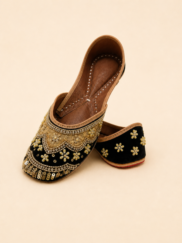 Black Leather Juttis with Gold Floral Embroidery, Pearl and Sequin Work