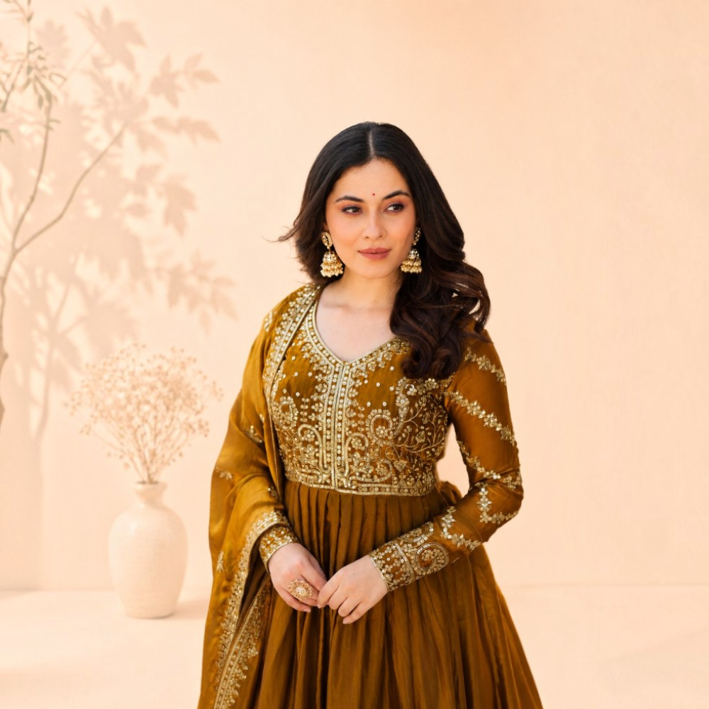 Mehendi Green Fendy Gown with Zari & Sequin Embroidery and Matching Dupatta