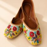 Beige Leather Juttis with Multicolor Floral Embroidery & Sequin Work