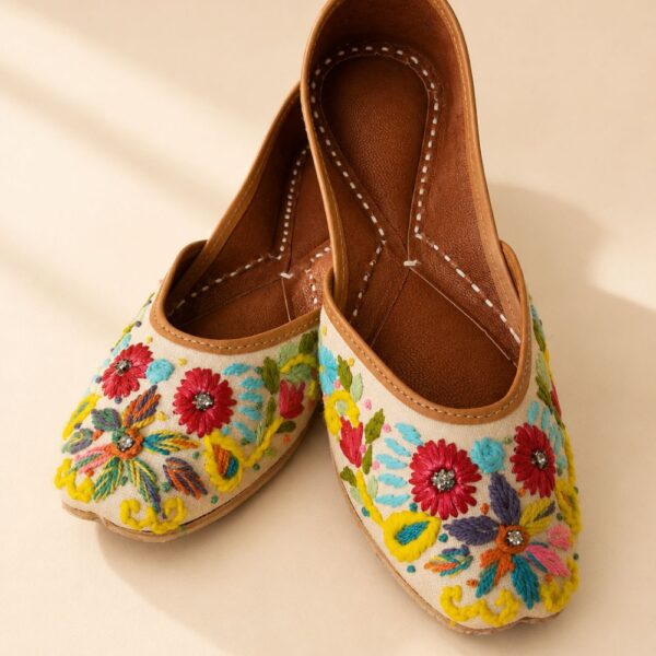 Beige Leather Juttis with Multicolor Floral Embroidery & Sequin Work