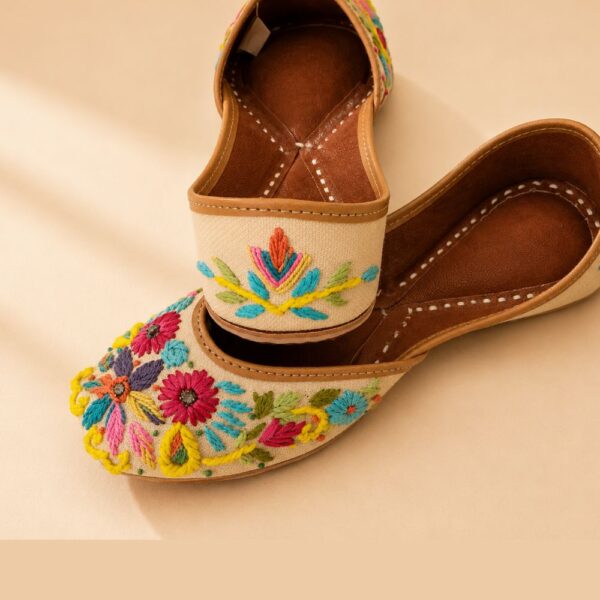 Beige Leather Juttis with Multicolor Floral Embroidery & Sequin Work