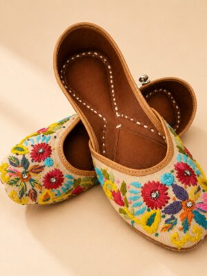 Beige Leather Juttis with Multicolor Floral Embroidery & Sequin Work