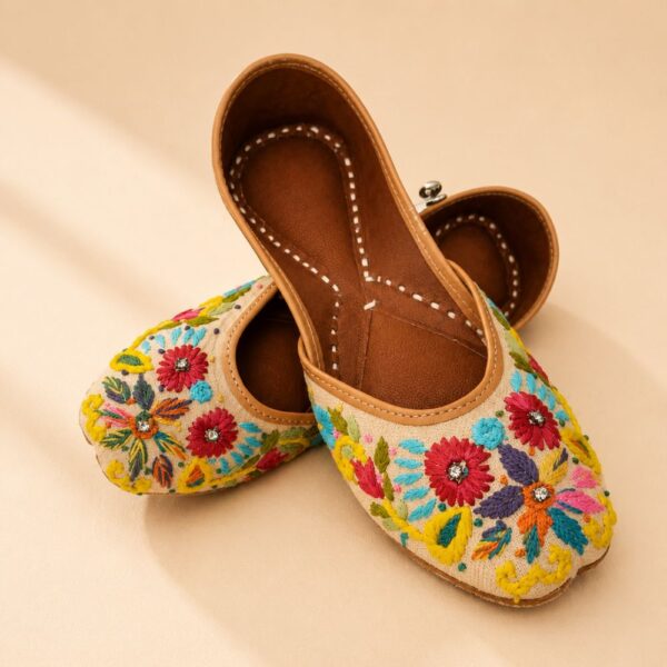 Beige Leather Juttis with Multicolor Floral Embroidery & Sequin Work