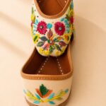 Beige Leather Juttis with Multicolor Floral Embroidery & Sequin Work