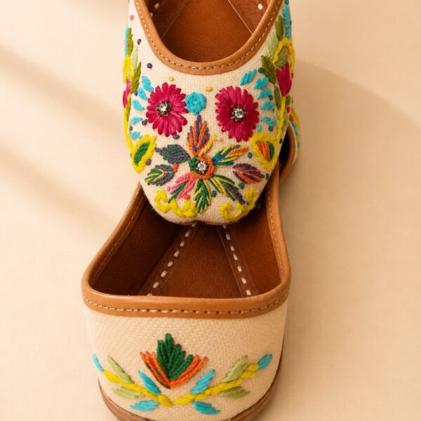 Beige Leather Juttis with Multicolor Floral Embroidery & Sequin Work