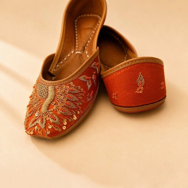 Rust Orange Leather Juttis with Traditional Gold Embroidery & Sequin Work