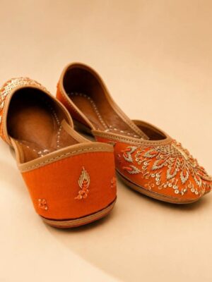 Rust Orange Leather Juttis with Traditional Gold Embroidery & Sequin Work